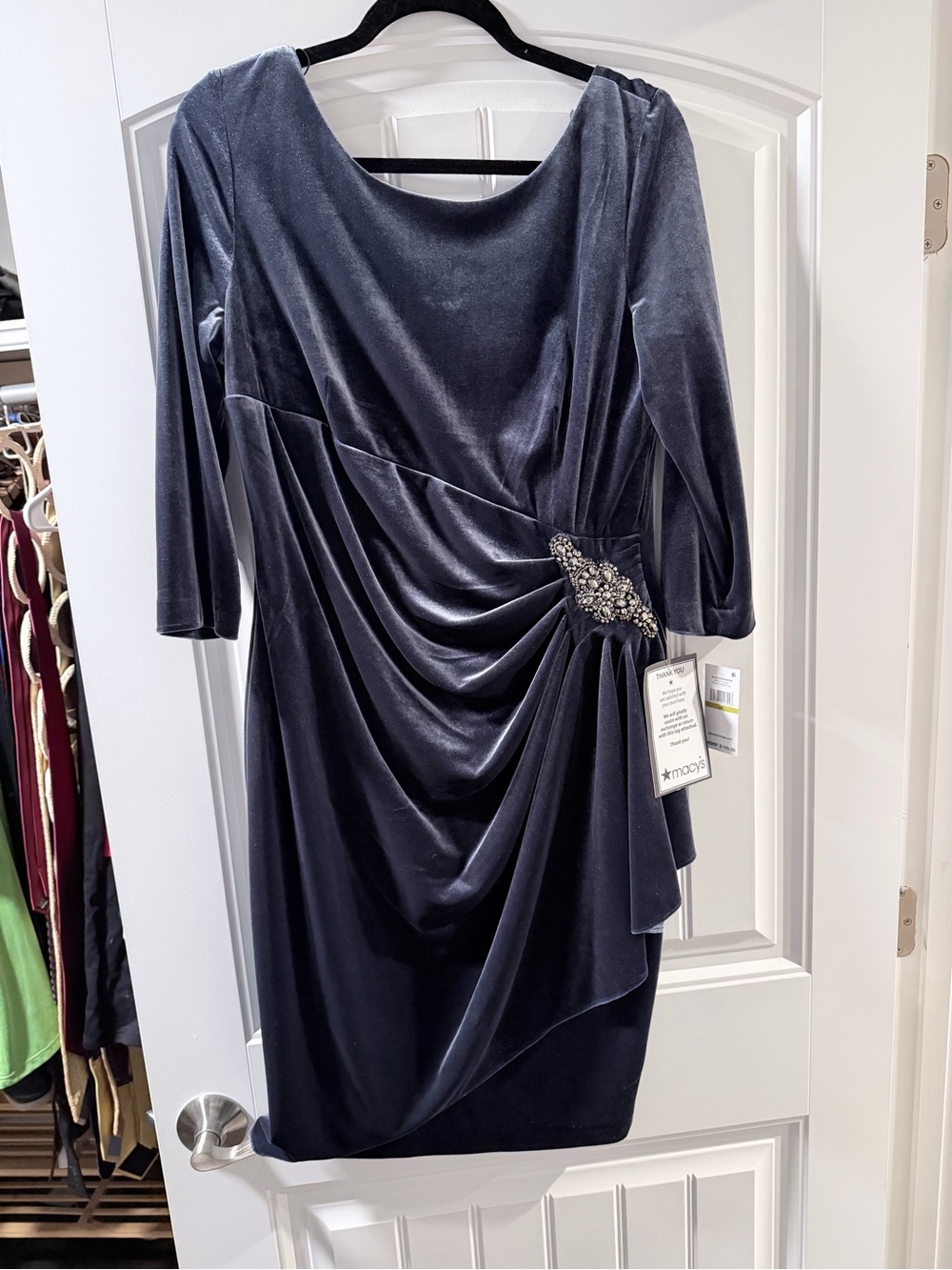 NWT Velvet Draped Cocktail Dress with Embellished Waist
